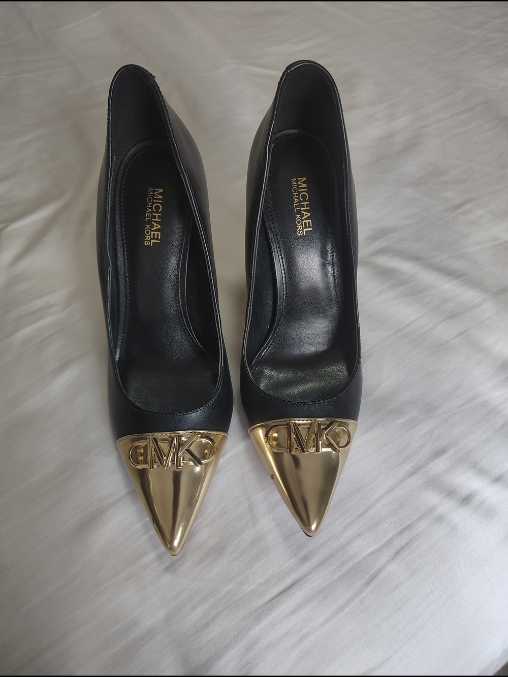 Michael Kors Black Leather Pointed Toe Pumps with Gold Caps - Picture 15 of 15